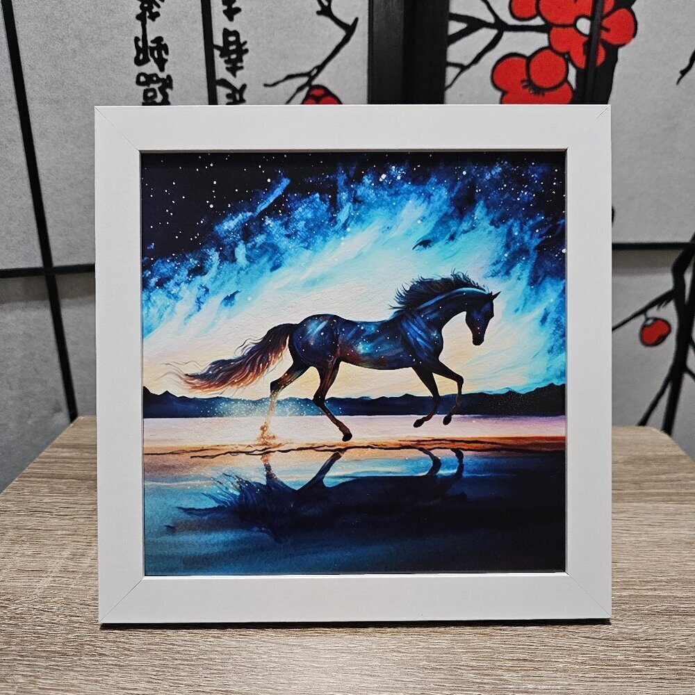8x8‎ Framed Black Stallion Horse Under The Stars Watercolor Oil Painting Print